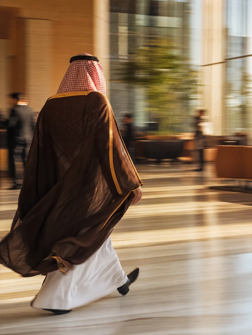 A Saudi executive in a bisht walking fast through an office lobby, a warm photo with motion