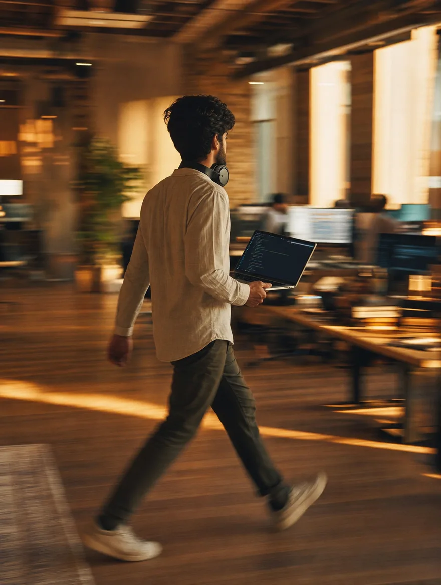 A developer walking fast through an office holding a laptop, a warm photo with motion