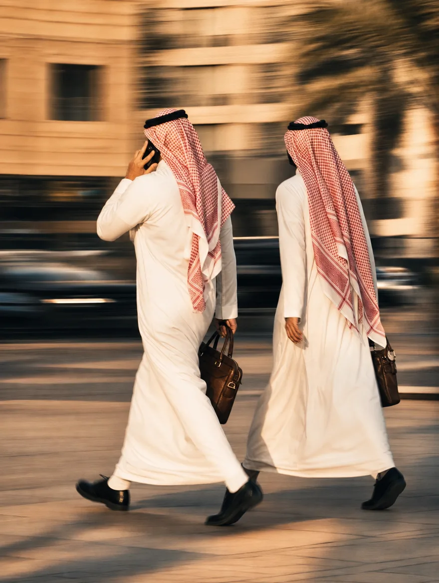 Two salespeople walking fast, one talking on the phone, a warm photo with motion