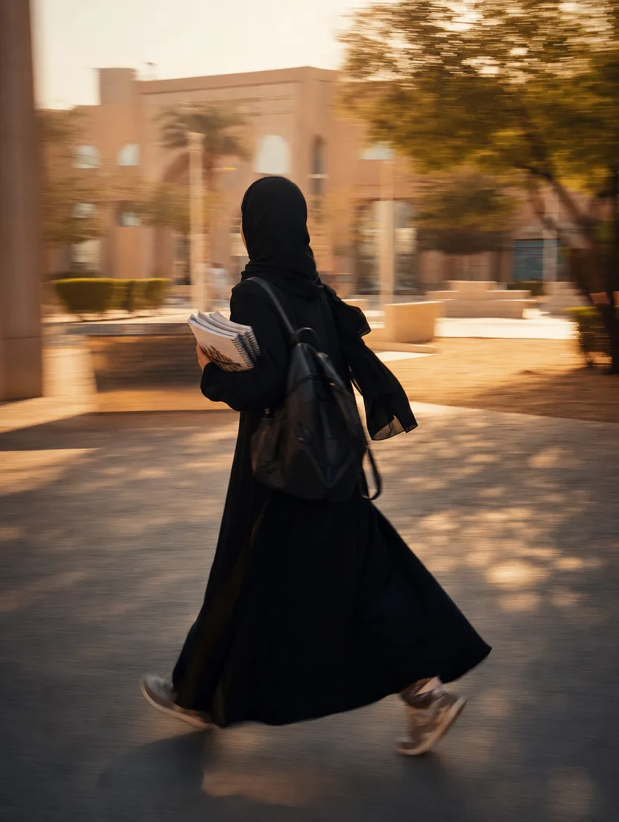 A student walking fast across a university courtyard, a warm photo with motion