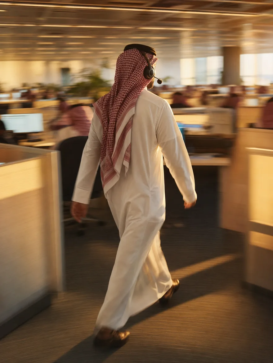 A support agent with a headset walking fast between desks, a warm photo with motion