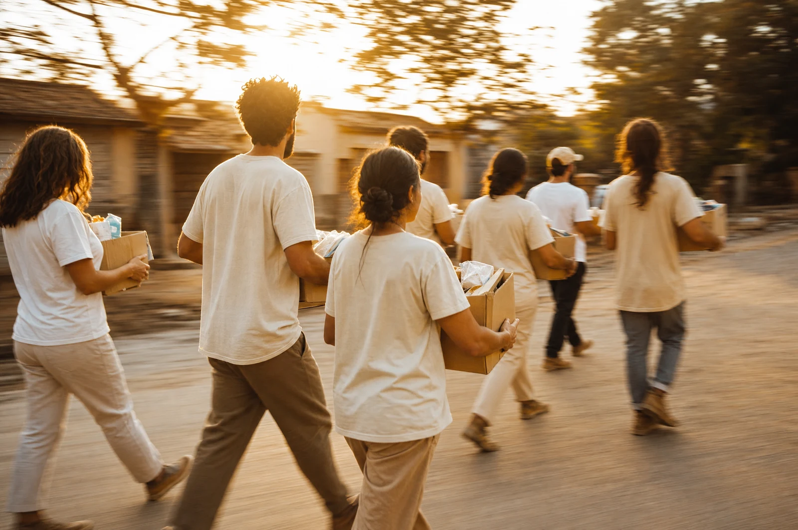 Volunteers carrying donation boxes at sunset