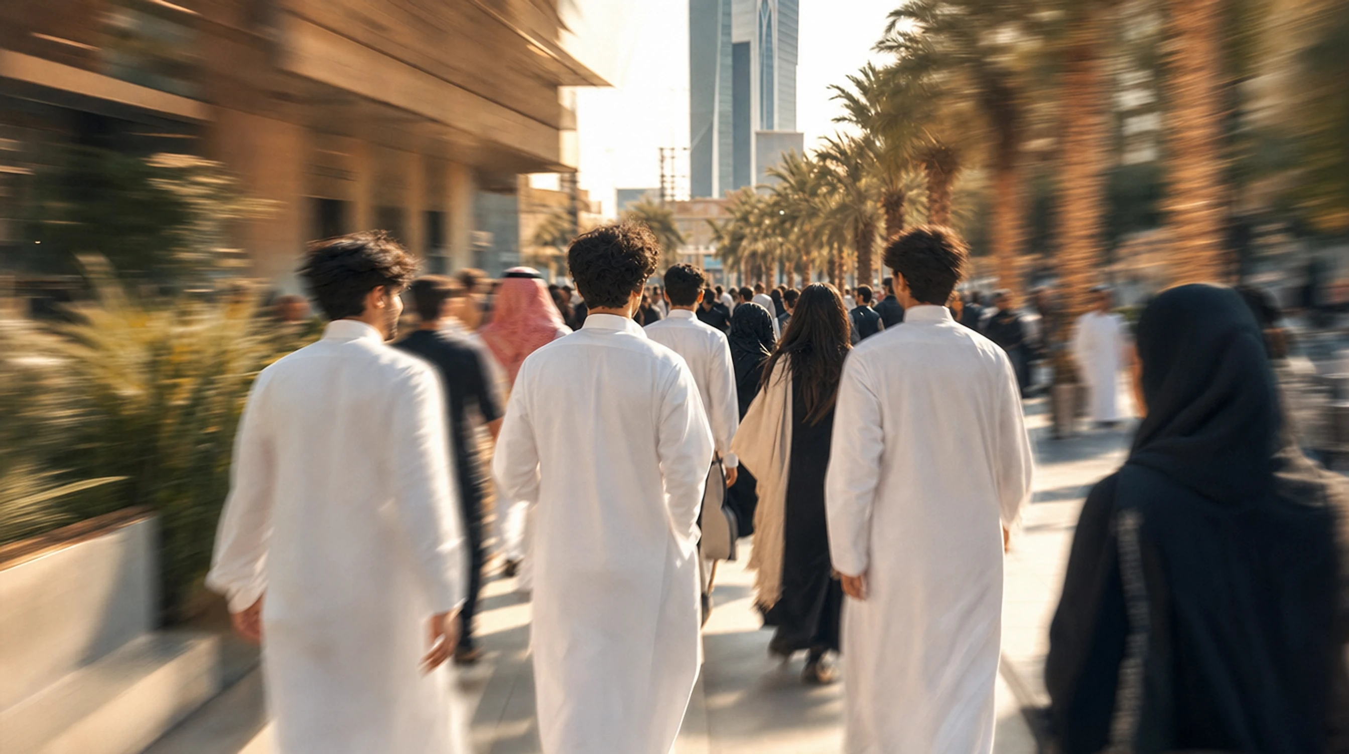 A group of young Saudis walking down a modern sunny street