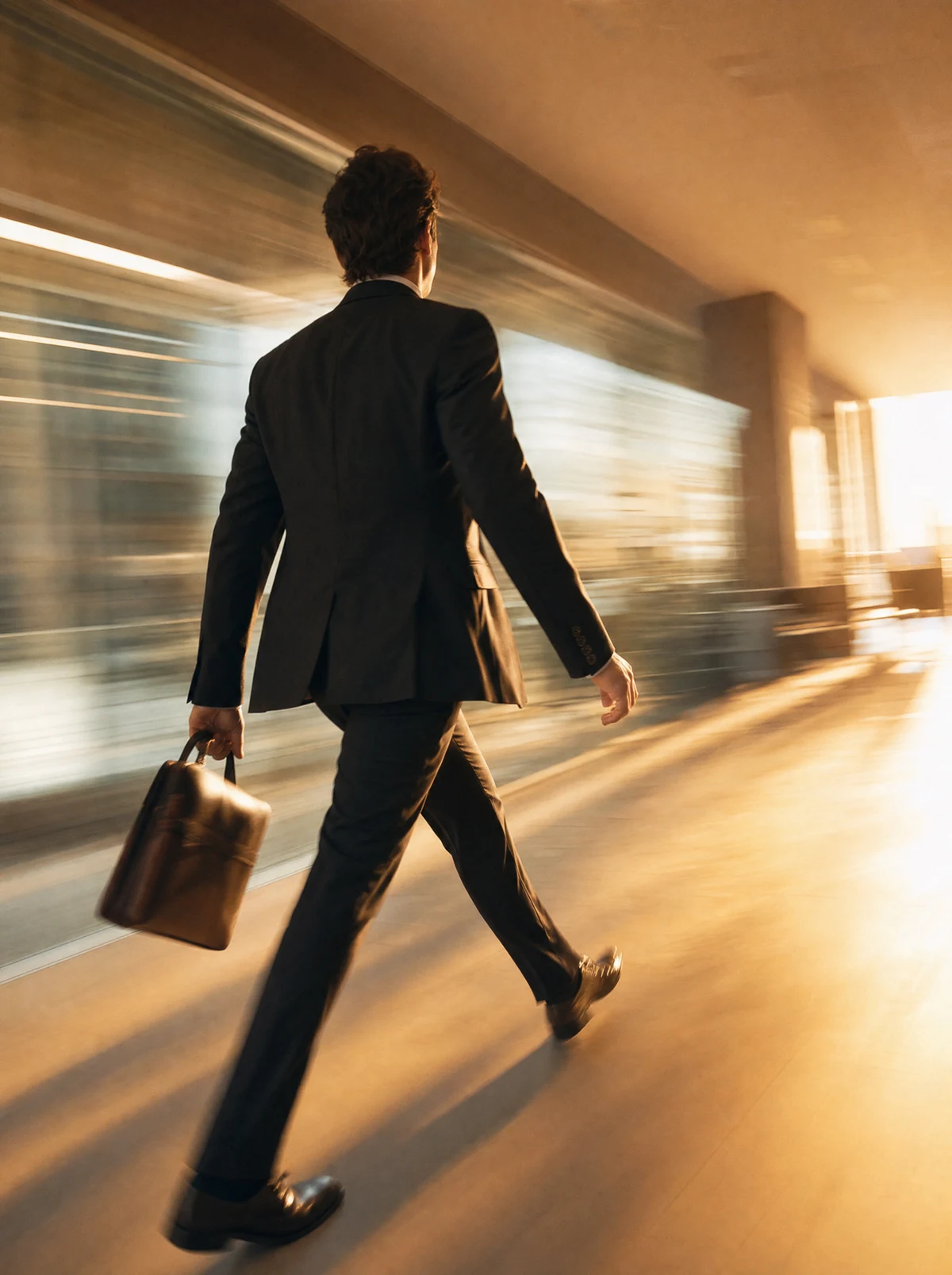 A person walking briskly through an office lit by sunset