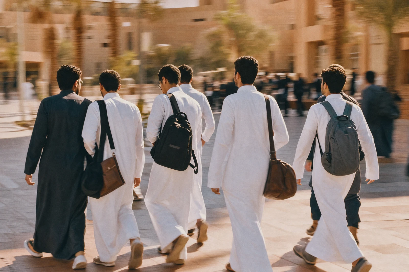 Saudi students walking across campus at sunset